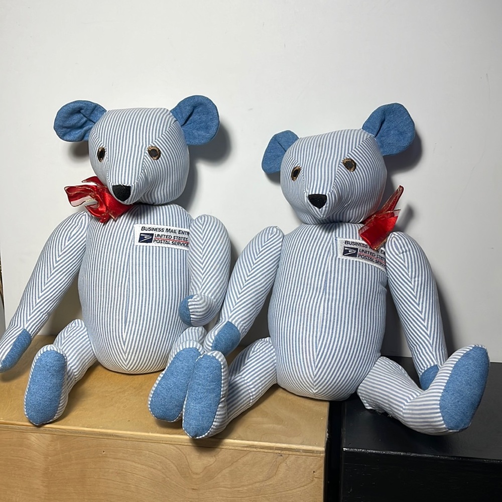 Blue and white stripped United States Postal Bears